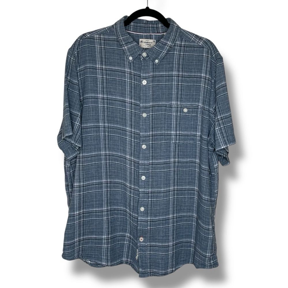 Weatherproof Vintage Linen Blend Blue Plaid Short Sleeve Button Front Men XL